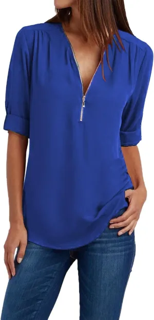 Womens Summer Tops 2025 Plus Size Zip Front 3/4 Sleeve Shirts V Neck Blouses Tunic Top Trendy Dressy Casual Outfits