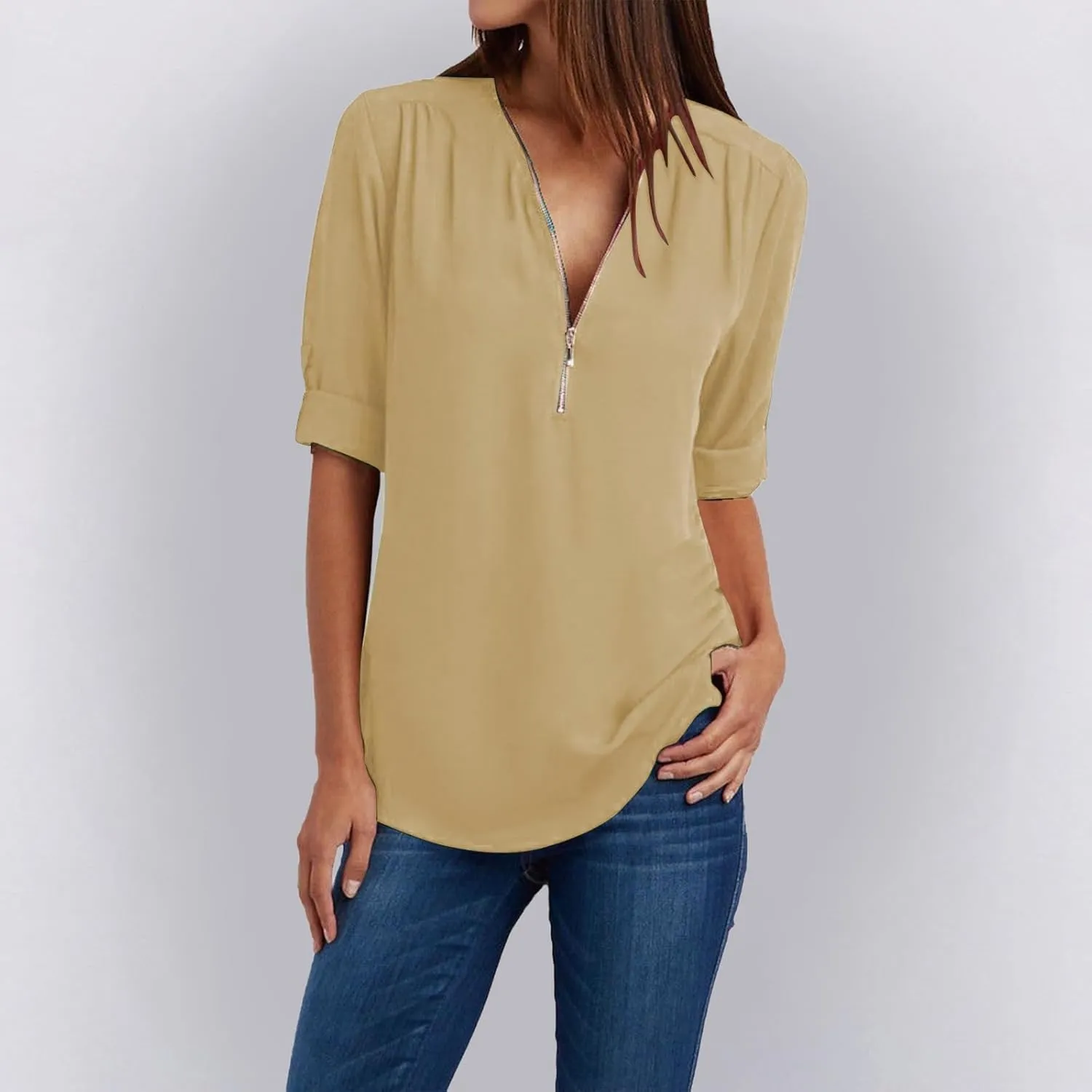Womens Summer Tops 2025 Plus Size Zip Front 3/4 Sleeve Shirts V Neck Blouses Tunic Top Trendy Dressy Casual Outfits
