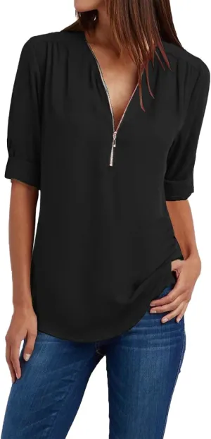 Womens Summer Tops 2025 Plus Size Zip Front 3/4 Sleeve Shirts V Neck Blouses Tunic Top Trendy Dressy Casual Outfits