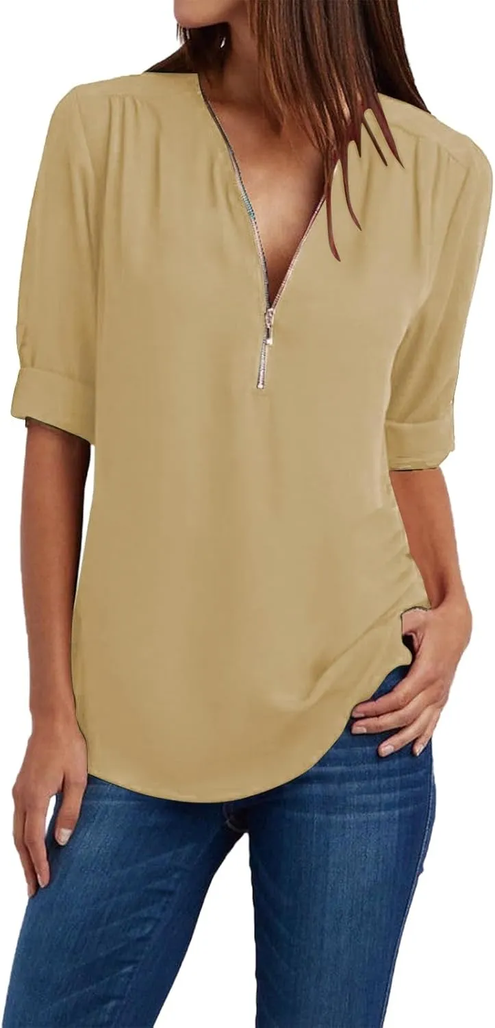 Womens Summer Tops 2025 Plus Size Zip Front 3/4 Sleeve Shirts V Neck Blouses Tunic Top Trendy Dressy Casual Outfits
