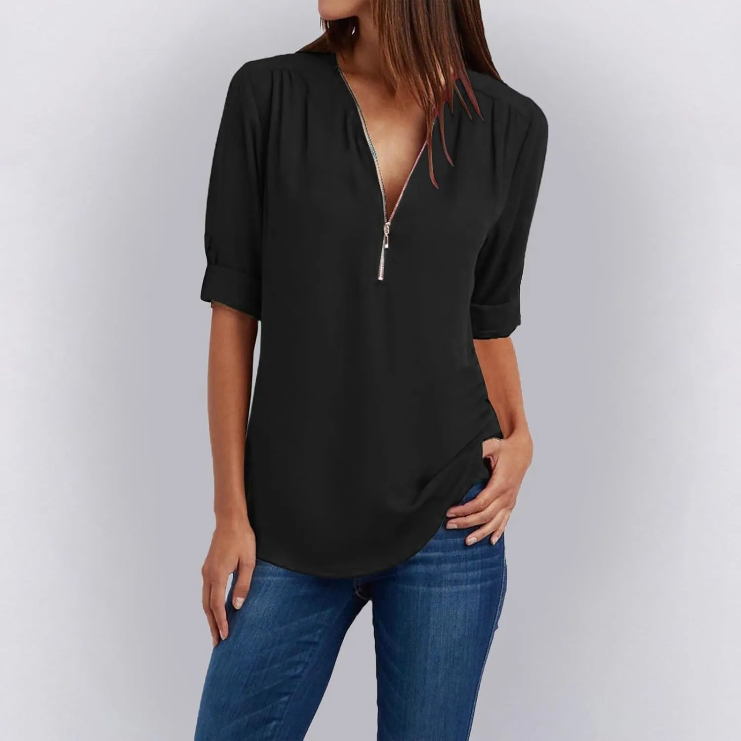 Womens Summer Tops 2025 Plus Size Zip Front 3/4 Sleeve Shirts V Neck Blouses Tunic Top Trendy Dressy Casual Outfits